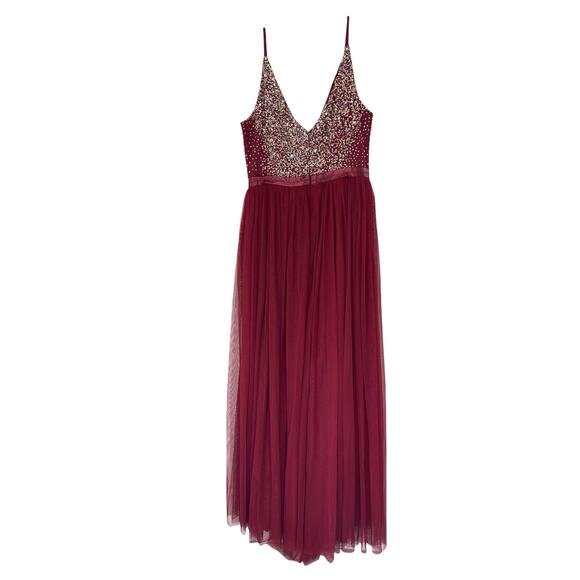 BHLDN Avery Beaded Tulle Gown Burgundy Formal Evening Maxi Dress Size 8 - Picture 9 of 12